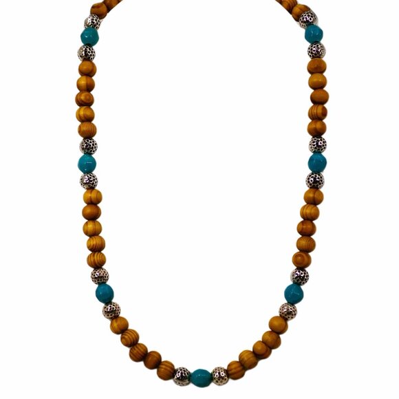 Wood bead necklace created with turquoise color beads and textured silver beads. - Picture 3 of 11